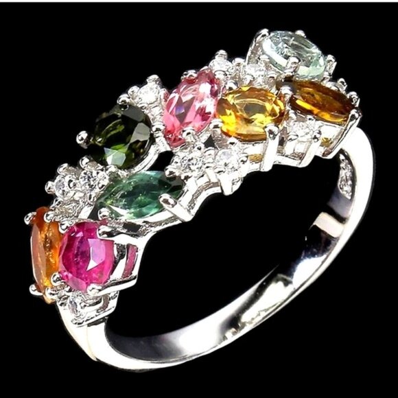 Natural Tourmaline 6x3mm & Cz 925 Sterling Silver‎ Ring Size 7.5 - Picture 1 of 3